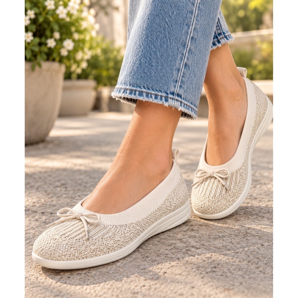 FitFlop Super-Q Bow Knit Ballerina Shoes Womens 9 Cream Comfort Slip On